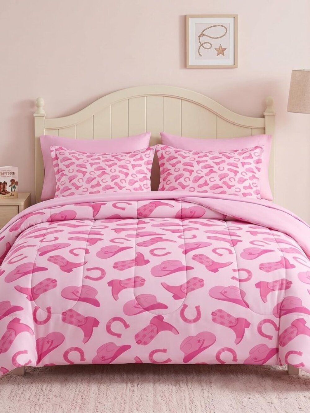 Full Comforter Set with Sheets, 7 Pieces Pink Cowboy Bedding